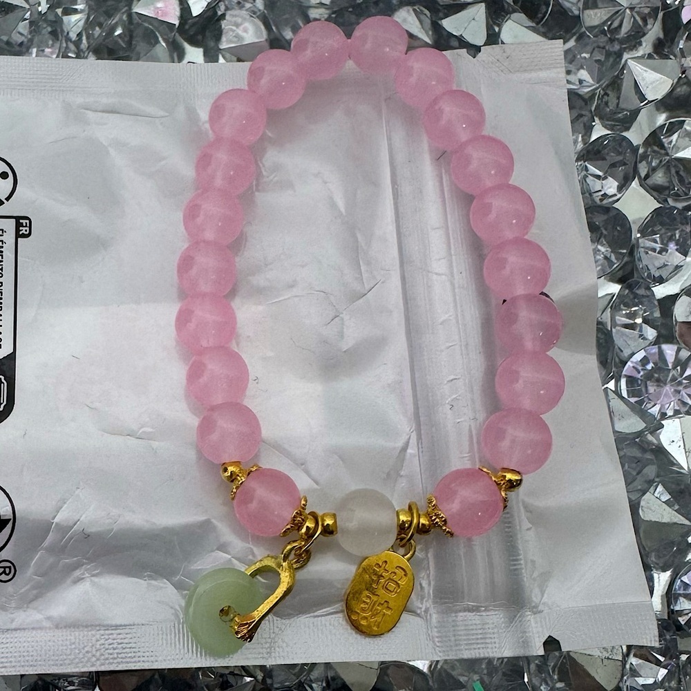Bracelet beaded stretchy Asia circle dangly charms Chinese symbols pink gold